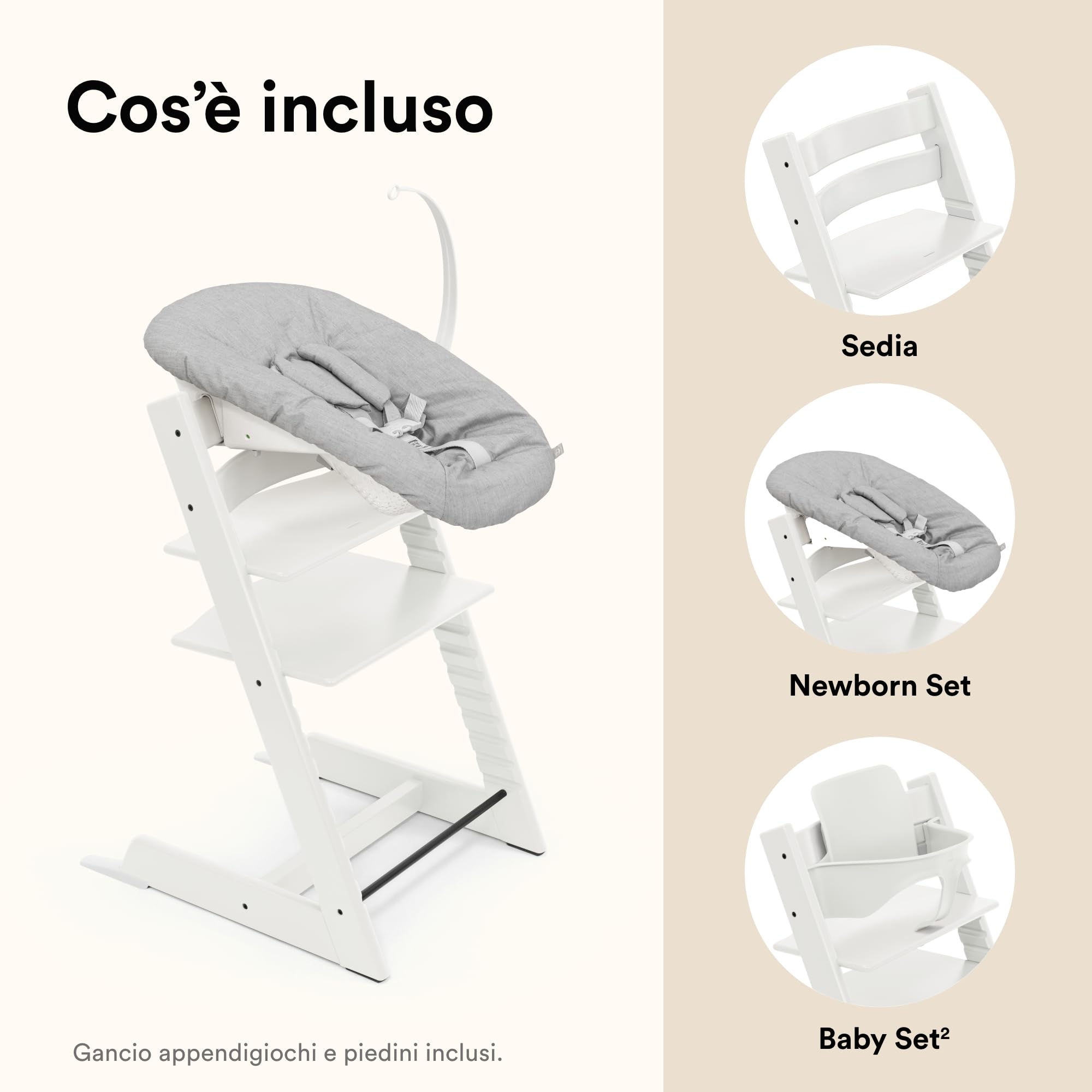 Seggiolone Tripp Trapp di Stokke, White (Include Sedia + Baby Set 2) con Newborn Set (Grey) - Design Sicuro, Regolabile, Ergonomico