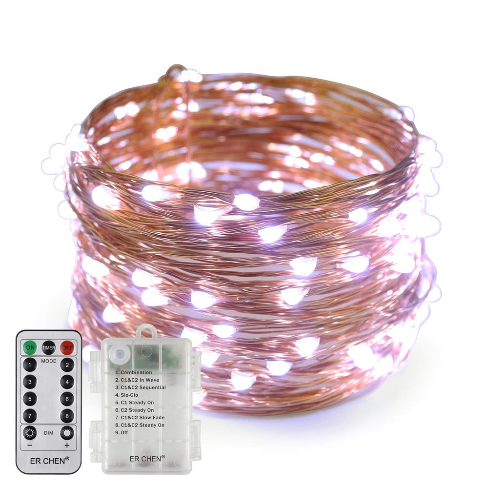 Er Chen White Erchen Battery Operated Led String Lights, Dimmable 33 Ft 100 Led Ultra Thin Waterproof 8 Modes Timer Copper Wire Fairy Lights With 13 Key Remote Control For Indoor Outdoor Christmas Party (White)