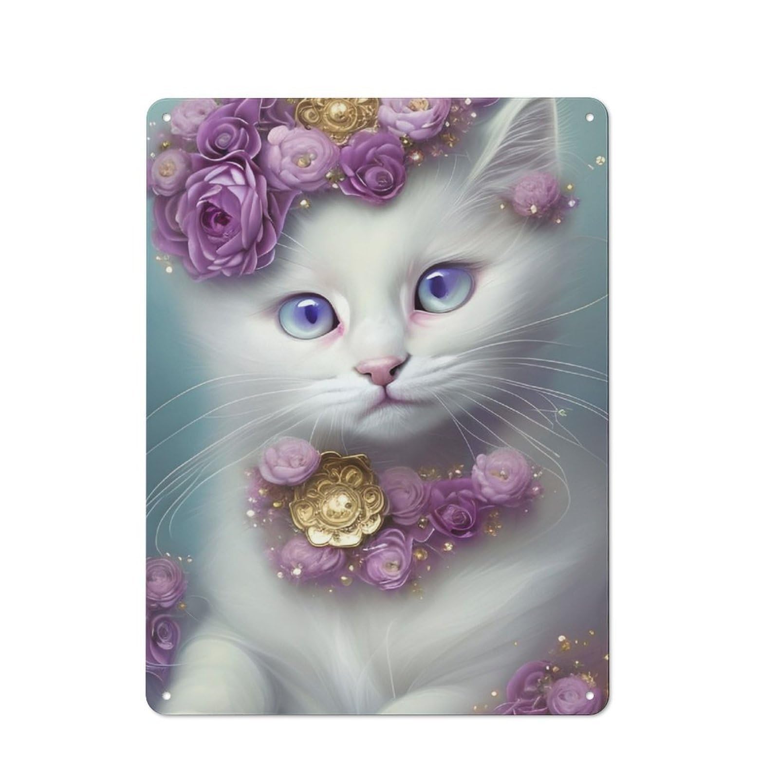 Junmoney Floral White Cat Portrait Vintage Tin Sign 40X30cm For Garden Room Or Summerhouse, For A Newly Organised Room And Metal Sign Display