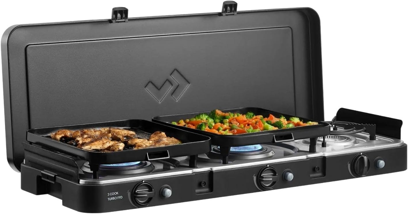 CADAC 2 Cook Turbo FFD - Hornillo de Camping con Flame Failure Device | Plancha - 30 mbar - 2 Quemadores Turbo, Encendido Automático & Cortavientos - Para Interior y Exterior