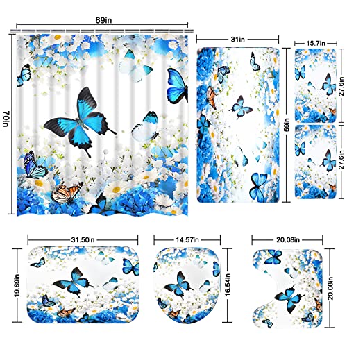 Ikfashoni 7 Pcs Flower Butterfly Shower Curtain Set With Rugs And Towels, Non-Slip Rug, Toilet Lid Cover, Bath Mat And Microfiber Towels, Blue Floral Shower Curtain With 12 Hooks, Large #TOP6