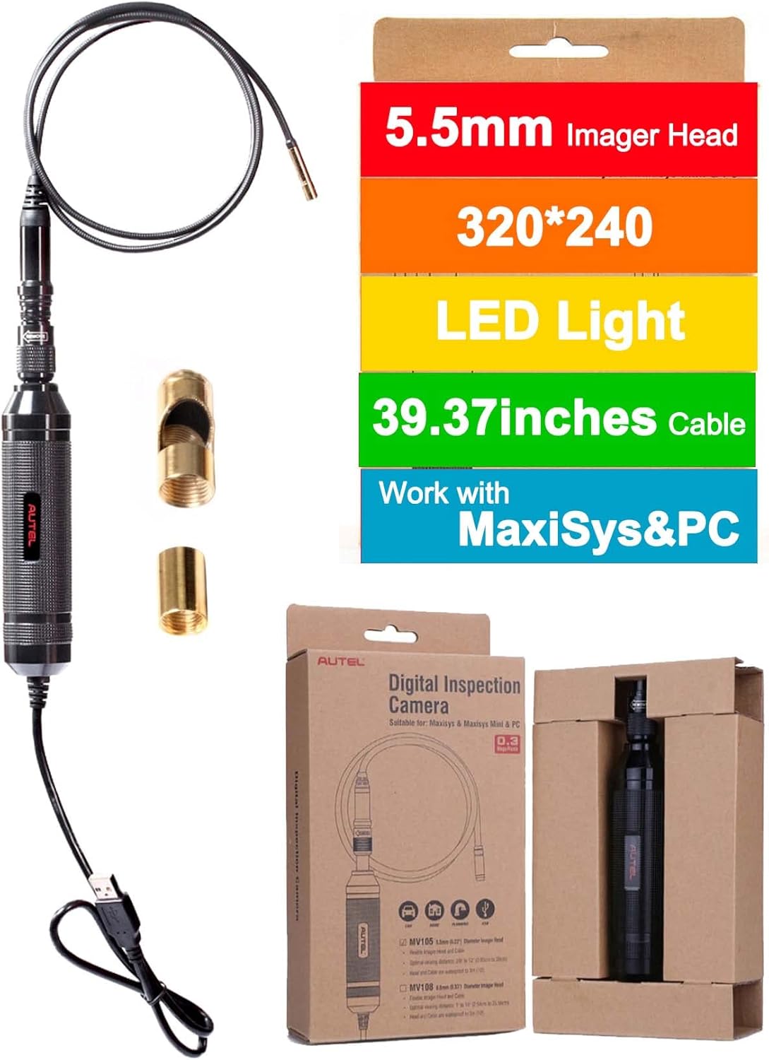 Autel MaxiVideo MV105 Inspection Endoscope - 5.5mm Ultra-Slim Probe, IP67 Waterproof, Works w/Autel Scanner MK808S/MS906/MK906BT/MS908/MS909/MS919/Elite/Ultra & PC, LED Light