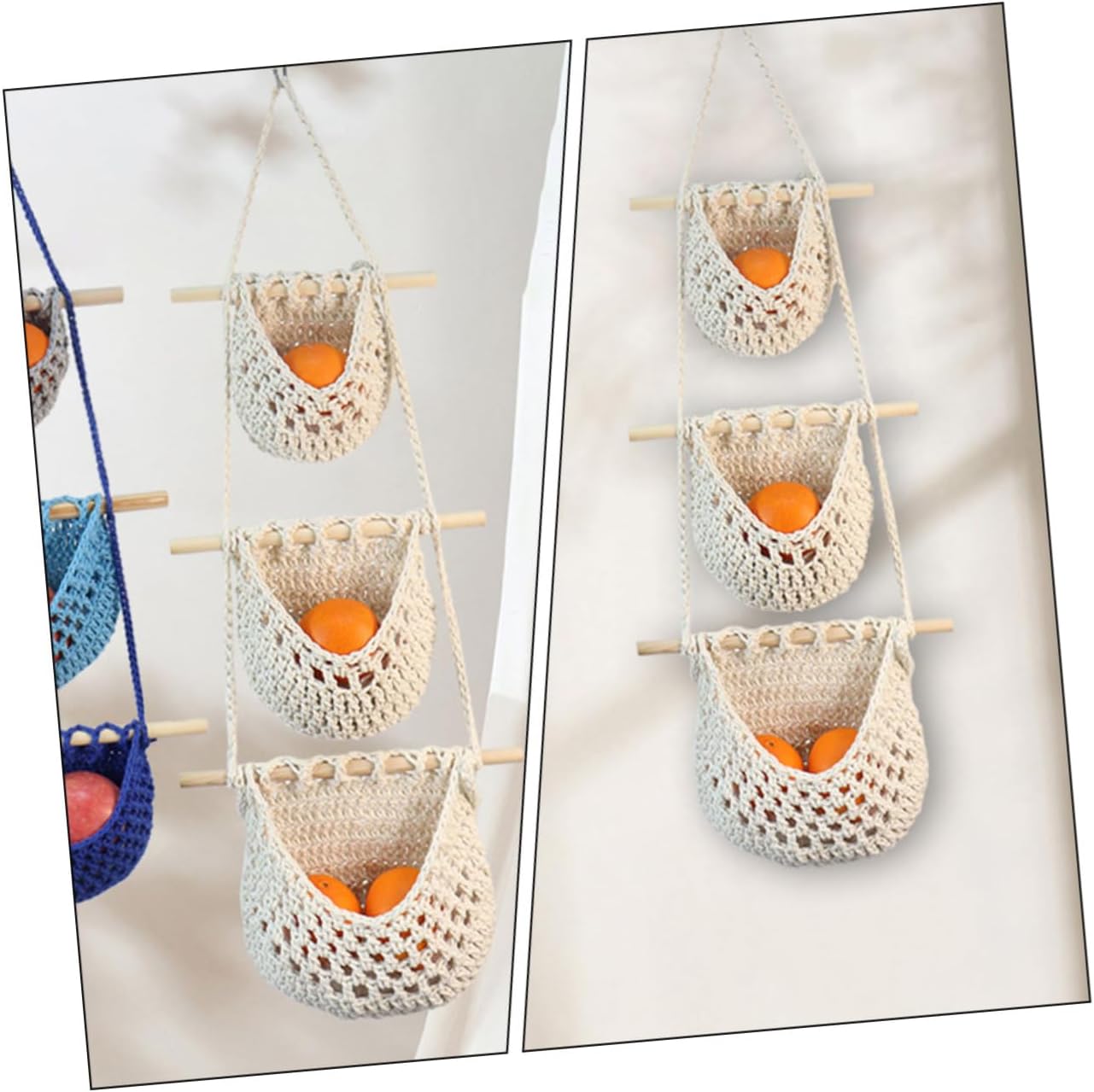 2pcs Woven Hanging Fruit and Vegetable Storage Basket Organizer for Kitchen Wall Rope Design for Easy Access and Stylish Decor