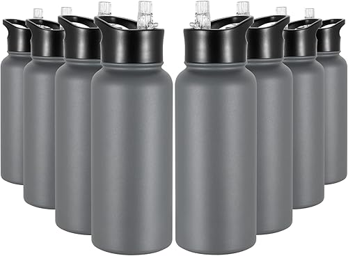 Paquete de 8 botellas de agua aisladas de 32 onzas, botellas de agua deportivas de acero inoxidable con tapa con popote y tapas de boca ancha, vacío