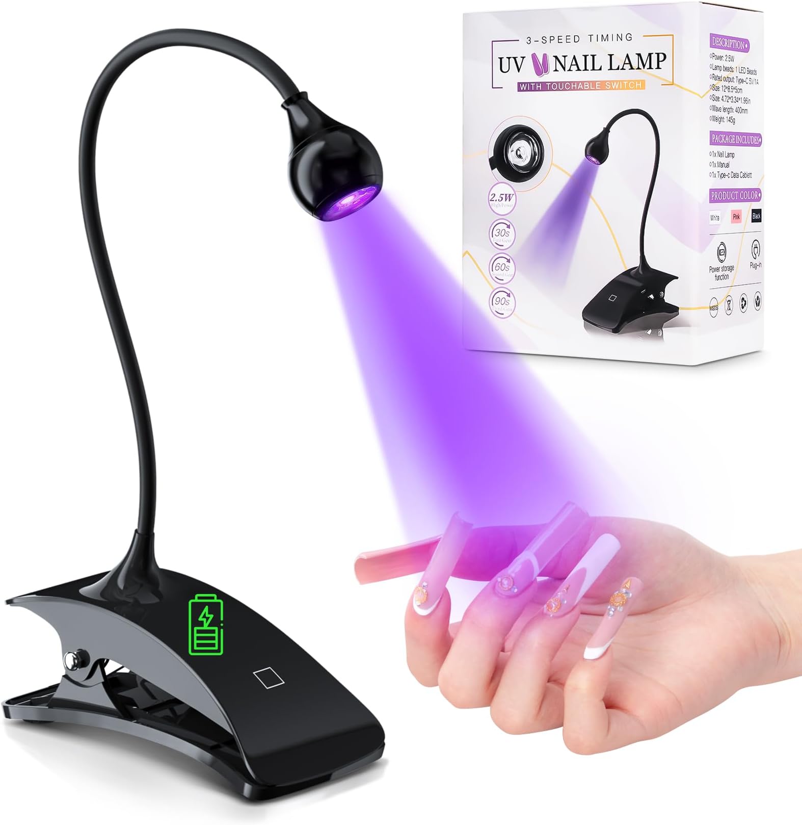 mlogiroa UV Light for Nails Touch Nail Dryer Rechargeable & Type-C Led Nail Lamp with Black Clamp Gel Lamp and Flash Cure Professional Manicure Home Salon