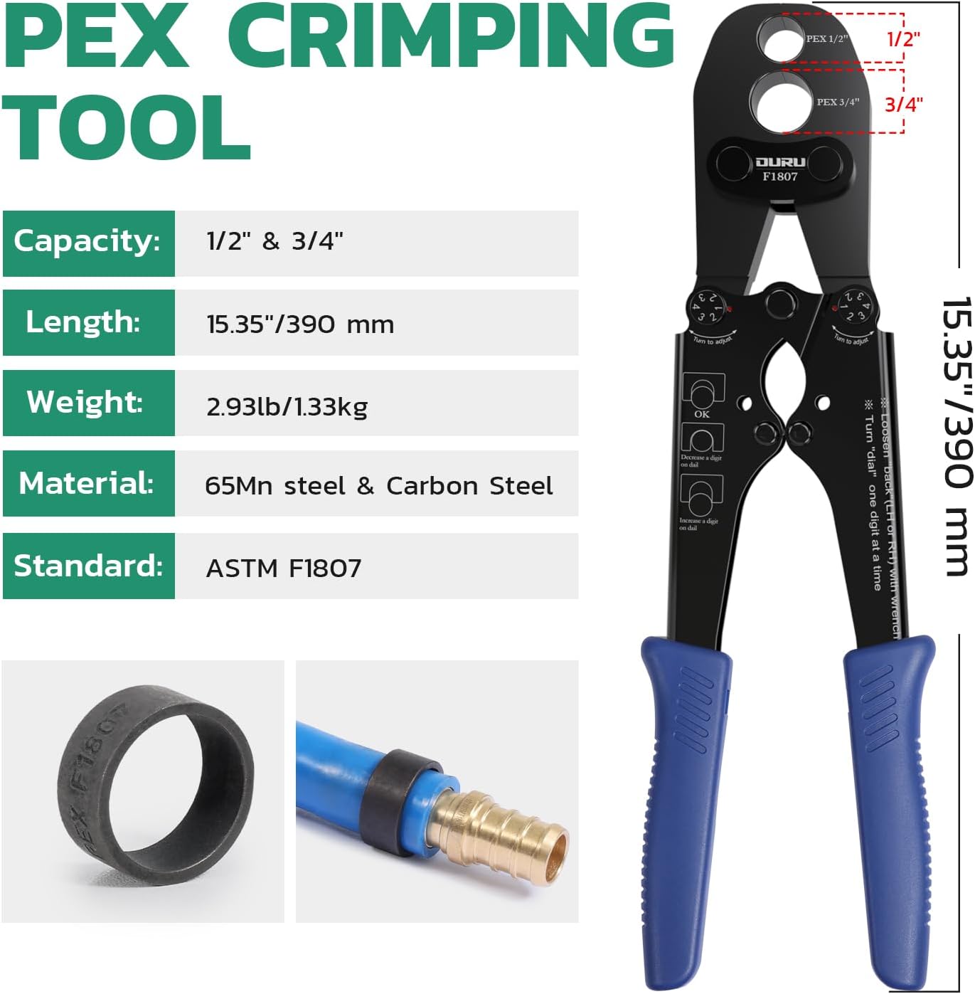 OURU PEX Crimping Tool for Copper Rings 1/2" & 3/4", Plumbing Tool with Go/No-Go Gauge, Meets ASTM F1807 Standard