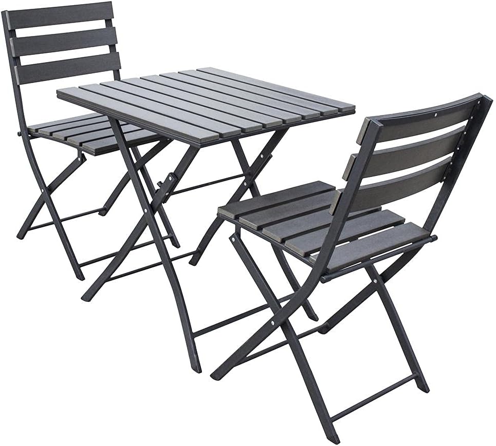 Trueshopping Solback Garden Bistro Set for 2 Piece Outdoor Furniture, Folding Table and Chairs Set with Durable HDPE Surface & Metal Frame - Patio Furniture for Balcony or Conservatory, Graphite Grey