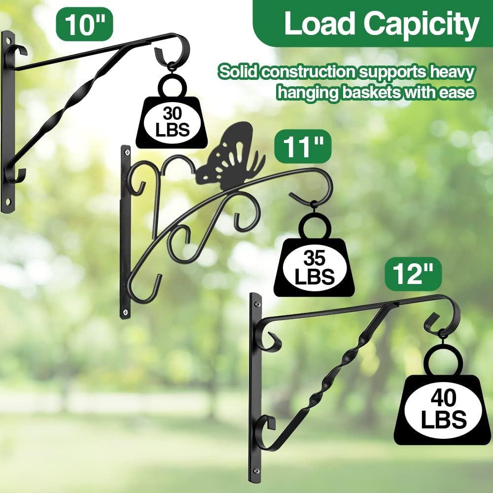 Amagabeli 2 Pack Hanging Plants Bracket 10'' Wall Planter Hook Flower Pot Bird Feeder Wind Chime Lanterns Hanger Patio Lawn Garden for Outdoor Indoor Shelf Fence Screw Mount Against Door Arm Black