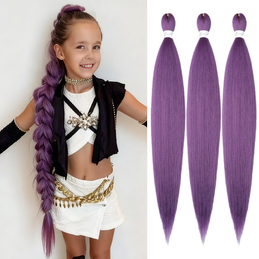 Purple Braiding Hair 24 Inch 3 Packs Pre Stretched Long Braid Rumi Hair Purple Hair Extensions for Stage Party Halloween Costume Cosplay