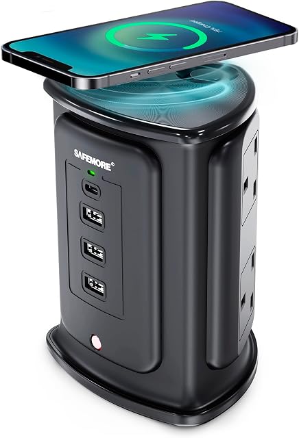 SAFEMORE Tower Extention Lead Vertical Power Plug 2M Cable 4 USB Ports (1 USB C and 3 USB A), 4 Electrical Plugs and 10W Wireless Charging Surface, Surge Protection - Black