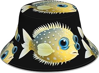 WHJDPP Sombrero reflectante amarillo con patrón de pez globo para hombres y mujeres, ligero, transpirable, plegable