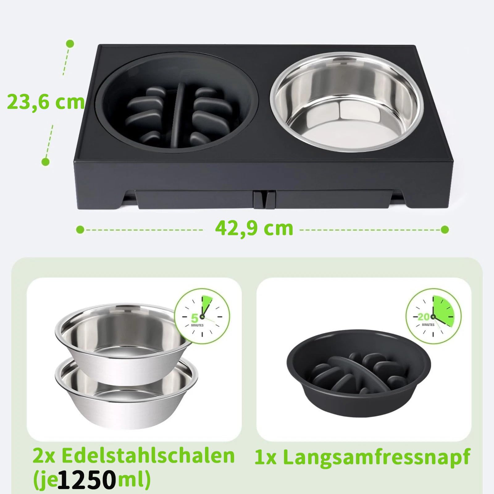 Gamelle surélevée pour chien, 5 hauteurs réglables, pour chiens de petite, moyenne et grande taille, 2 grands bols en acier inoxydable épais, 1 gamelle antidérapante lente (2 gamelles en acier