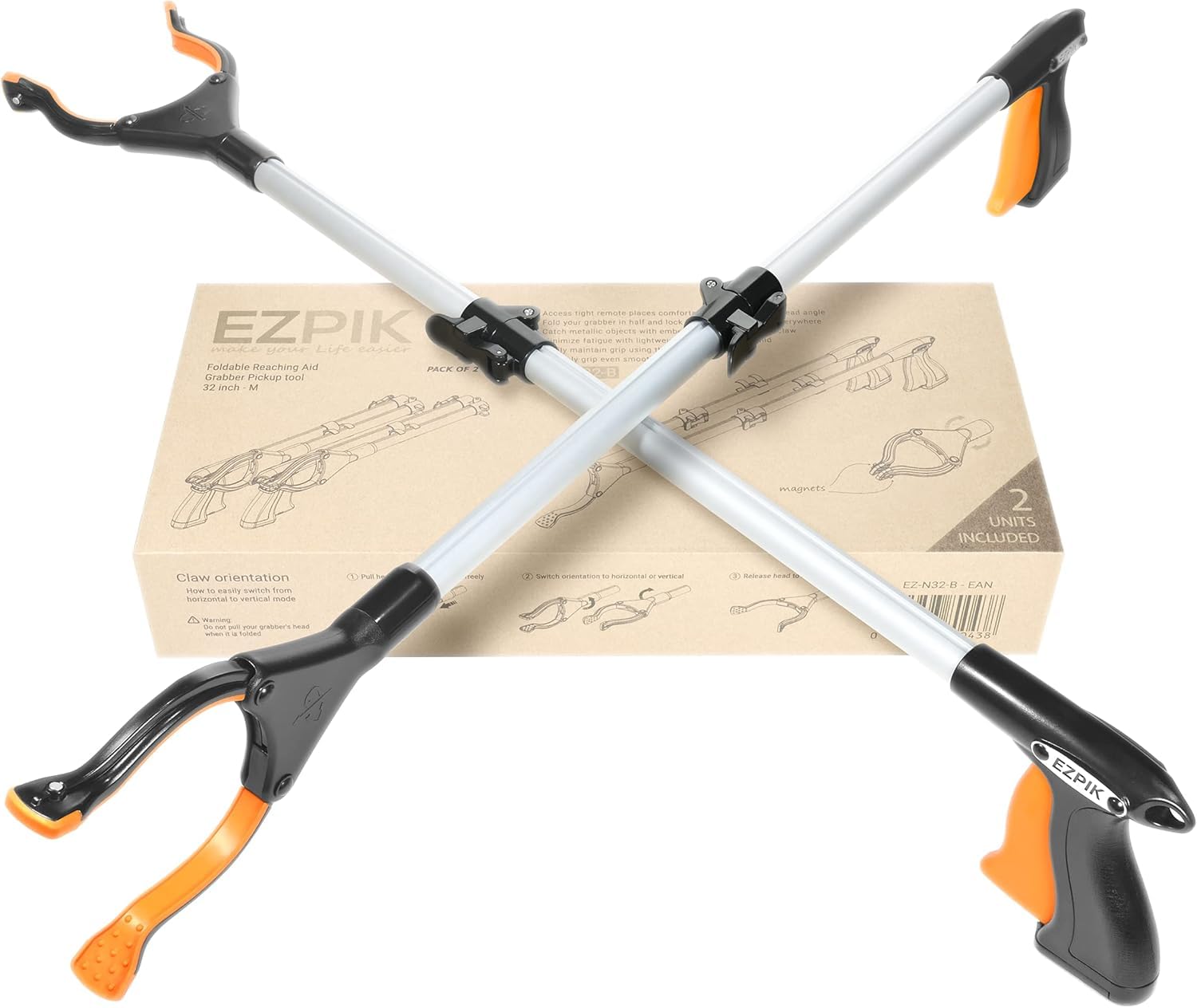 EZPIK® Pinzas Recoger Basura 80 cm - Pinzas Extensibles para Personas Mayores - Palo con Imán Telescópico para Minusválidos y Ancianos - Pinza Recoge Objetos y Fruta [Color Plateado, Pack 2]