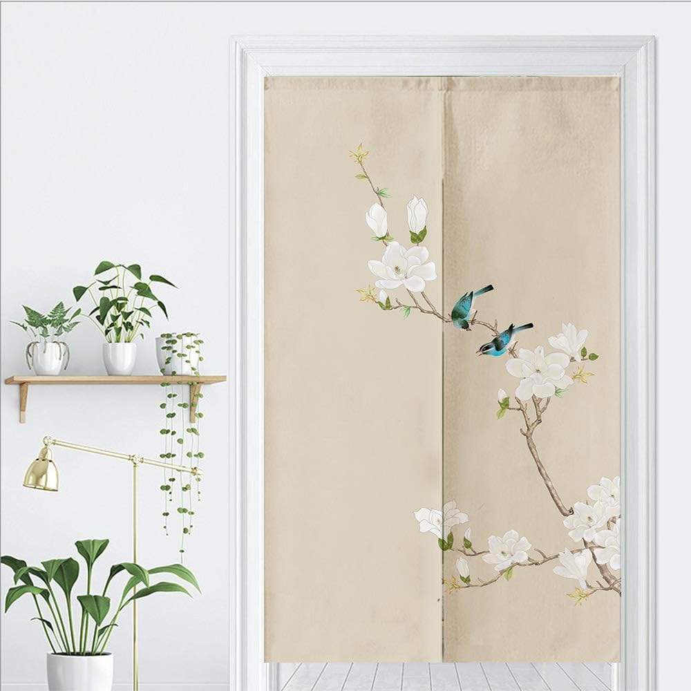 Feblilac Birds Flowers Japanese Doorway Curtain, Asian Style Noren Door Curtains, 33.5 x 55 inch Tapestry for Kitchen Bistro Partition Shading Home Decor