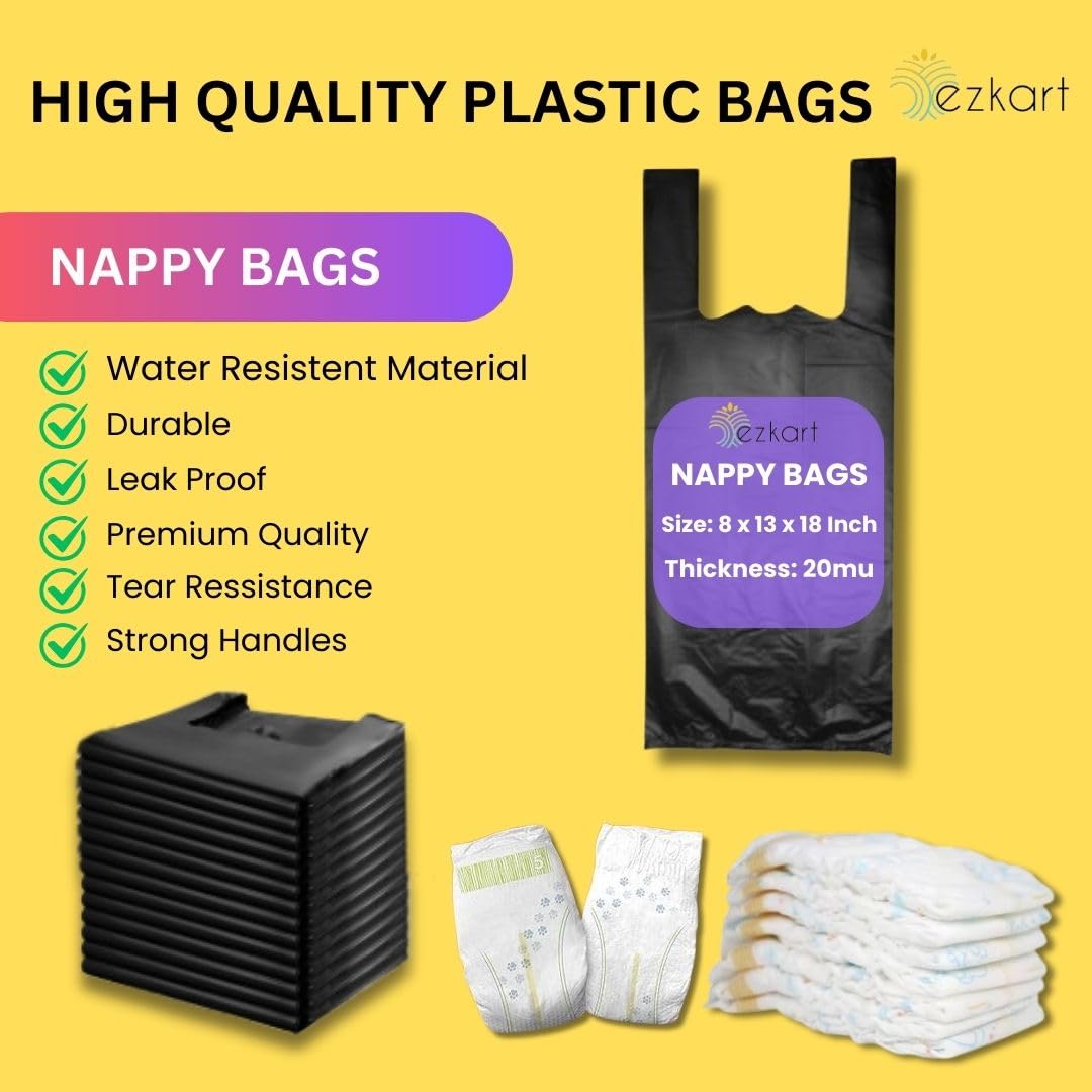 ezkart Pack of 200 - Black Strong Plastic Nappy Bags with a Comfortable Grip, Black-200pk, 8x13x18 Inch-20mu - Image 2
