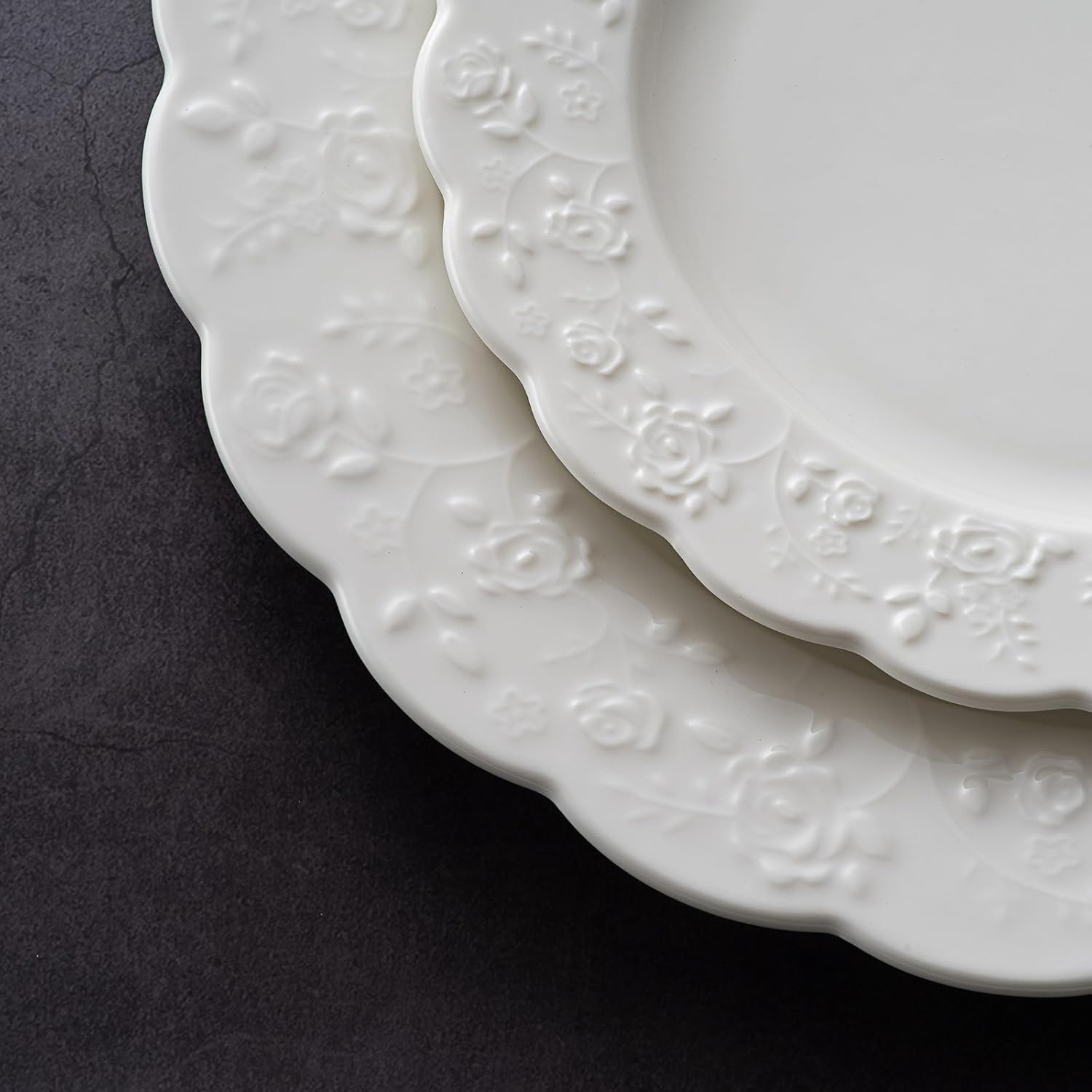 4 Piece Rose Embossed Porcelain Round Plate Set, 2x10 Inch Dinner Plates & 2x 7.3 Inch Salad Plates, White Scalloped Edge Dishware, Microwave,Dishes Set for Breakfast,Party, Kitchen, Housewarming Gift