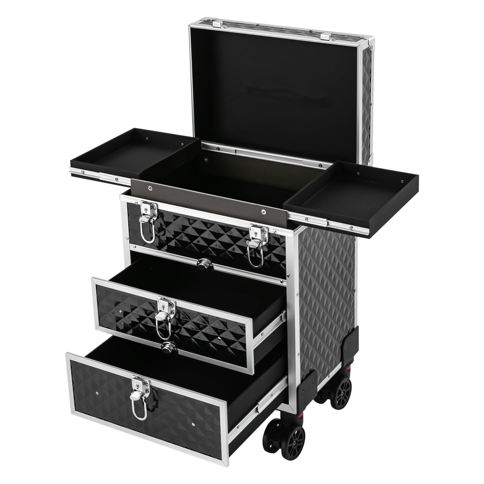 Large Lockable Makeup Organizer 3 Tier Professional Rolling Makeup Case with Silver Metal Frame Large Cosmetics Organizer Cosmetology Suitcase Train Case Rolling Cosmetics Cart