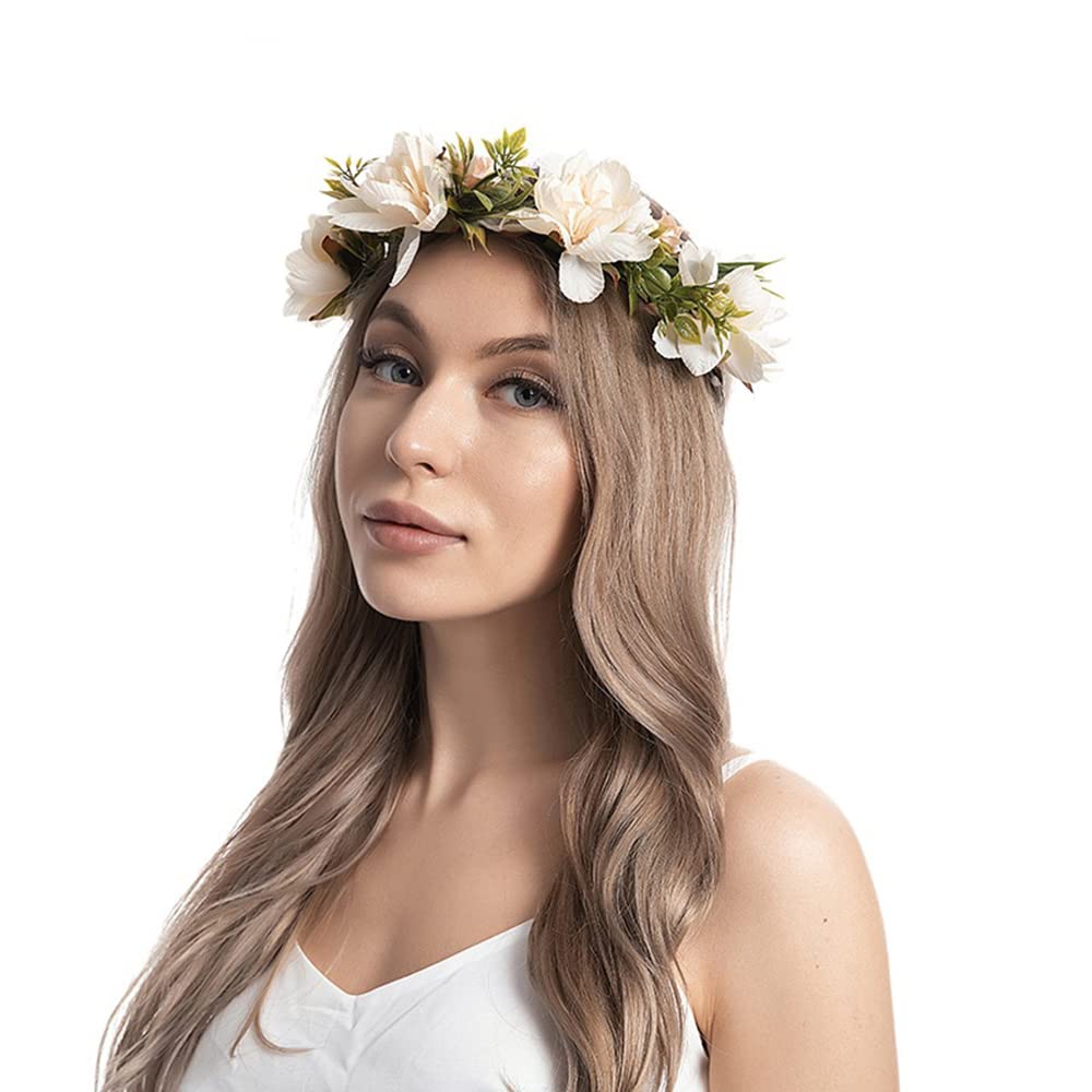 Wiwpar Flower Hair Wreath Headband Garland Flowers Floral Crown Elastic Adjustable Head Piece Wedding Party Accessories for Women Girls (Champagne)