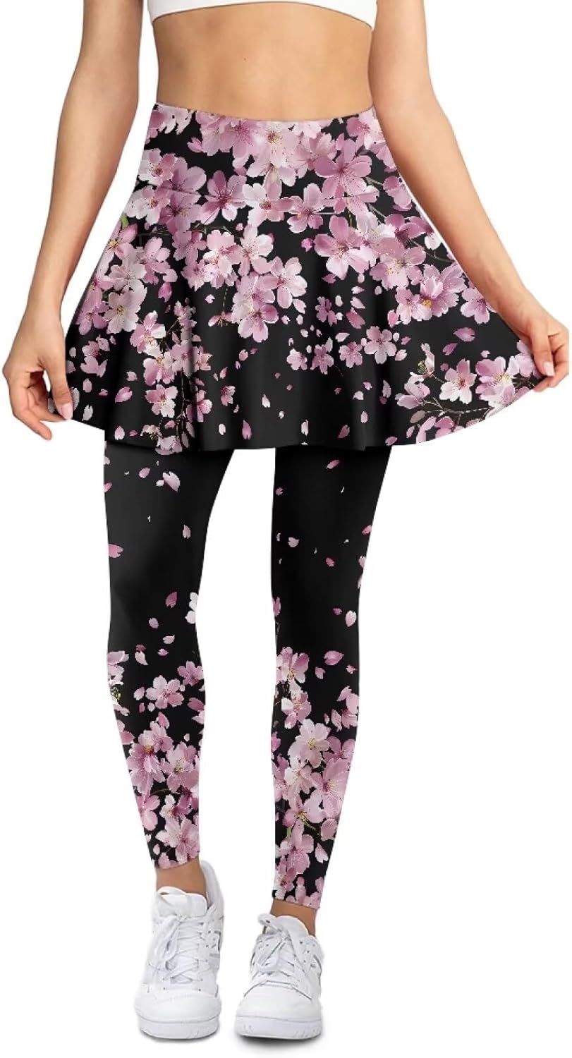 Biyejit Women Tennis Skirted Leggings with Pockets, Yoga Leggings with Skirts Athletic Golf Skapri with Skirt