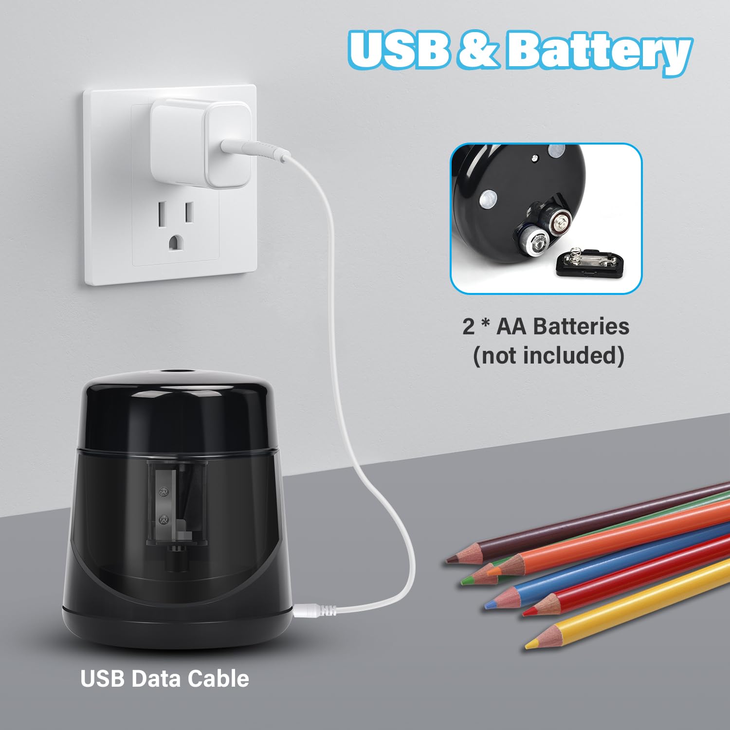 Sacapuntas Eléctrico Profesional Recargable con Contenedor para Lápices de 7-12 mm - para la Escuela, Hogar y Oficina