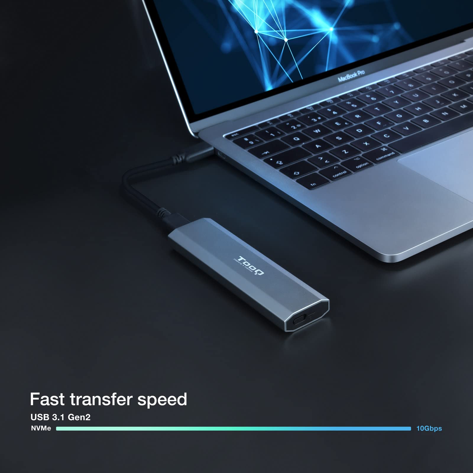 TOOQ TQE-2223G obudowa do dysku SSD M.2 NVMe PCIe, złącze USB-C (USB 3.1 Gen2 10 Gb/s), aluminium, łatwe otwieranie, kolor szary, 42 g.