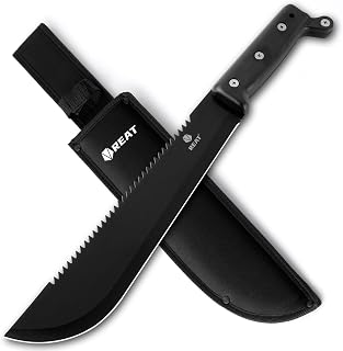 REAT 17" Full Tang Machete with Saw - Heavy Duty 420 Steel Hunting Knife, Ergonomic No-Slip Handle & Sheath for Bushcraft, Survival, Yard Work
