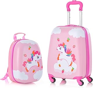 BABY JOY 2 Piece Kids Luggage Set, 16 Inch Toddler Carry-on and 12 Inch Backpack, Kids Travel Suitcase with 4 Wheels, Retractable Handle, Lightweight Trolley Suitcase for Girls