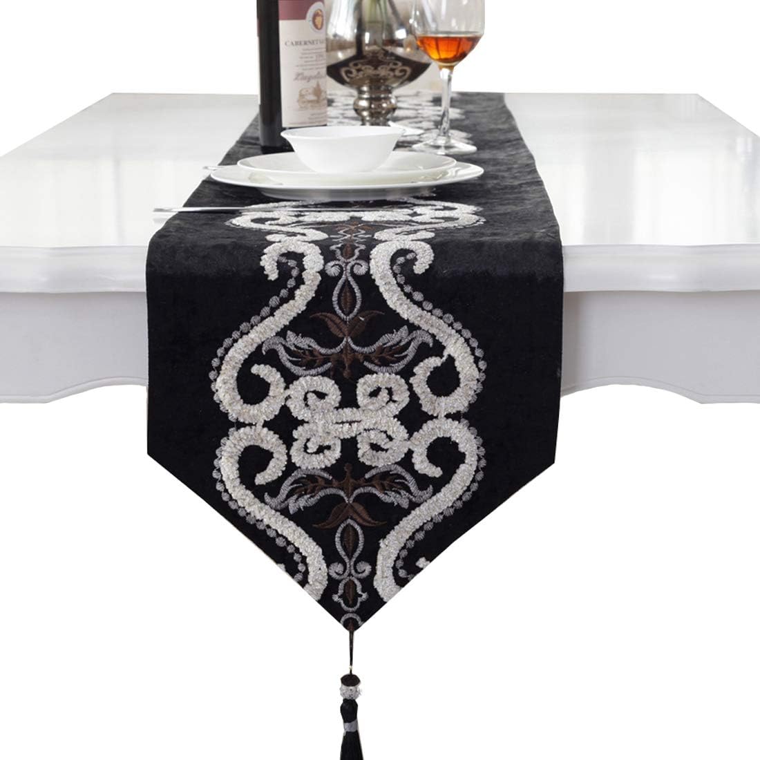 Black pattern flock velvet embroidered tassel home decorative party gift table runner 80 inch approx