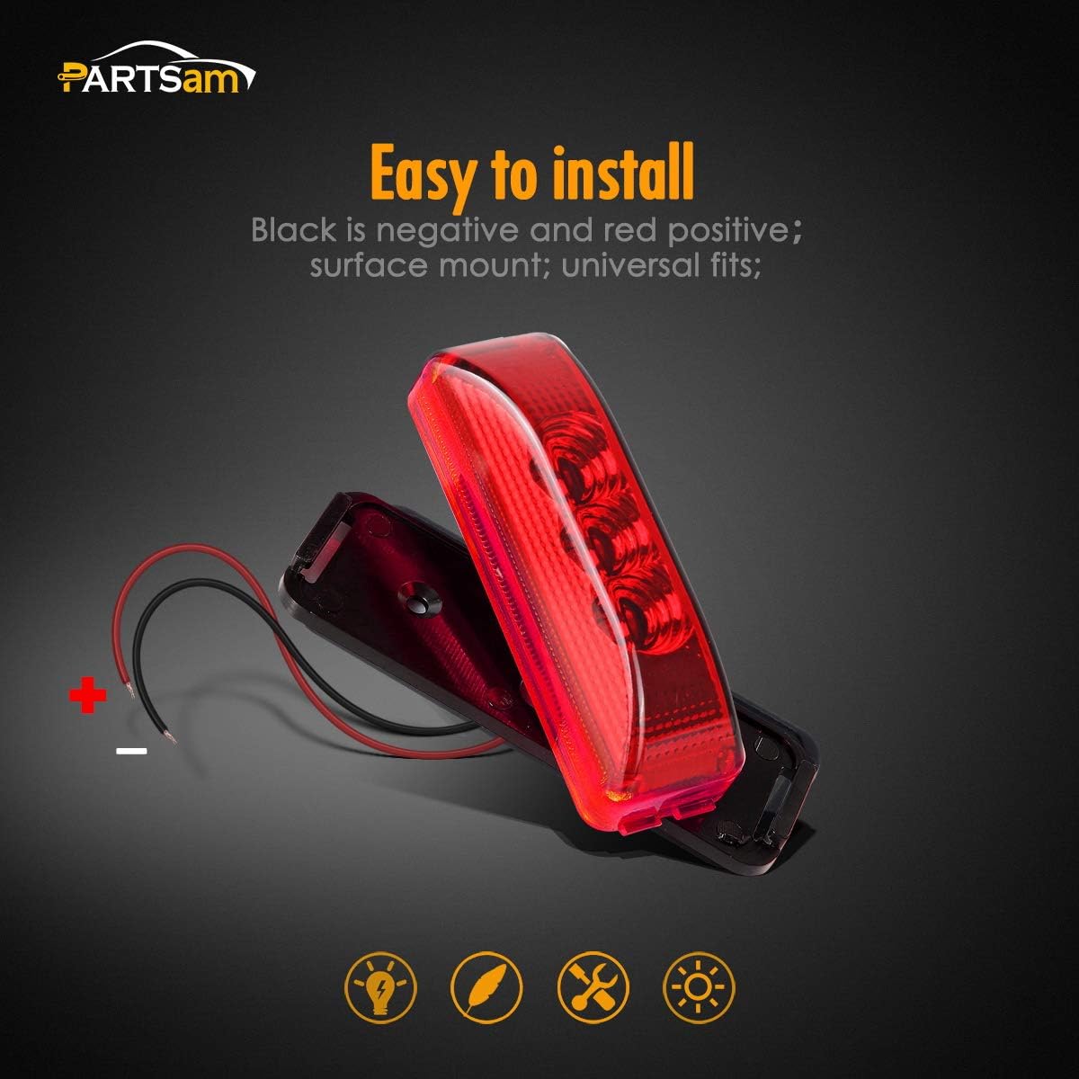 Partsam Pair 3.9" Side Marker & Clearance Light Red Waterproof Black Base Mount 3LED, Sealed Thin Line LED Trailer Marker Clearance or ID Lights w/Miro-Reflectors