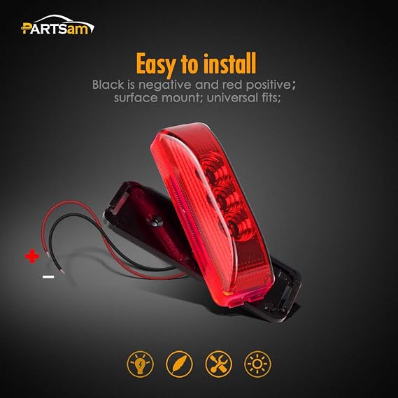 Partsam Pair 3.9 Side Marker & Clearance Light Red Waterproof Black Base Mount 3LED, Sealed Thin Line LED Trailer Marker Clearance or ID Lights w/Miro-Reflectors