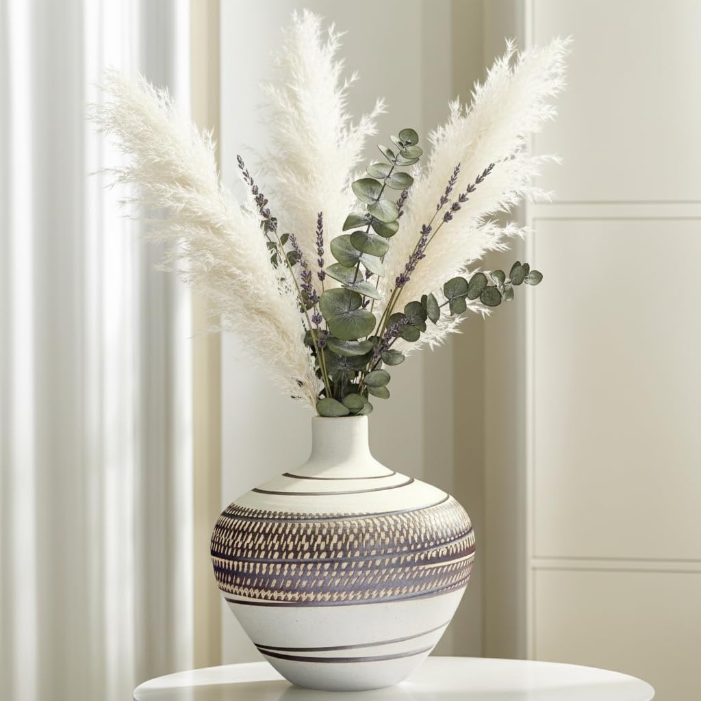 White Ceramic Vase, Mataura 6.7" Small Cute Flower Vase for Pampas Grass, Geometric Striped Decorative Vases for Living Room, Entryway, Dining Table, Mantel, Shelf & Home Decor