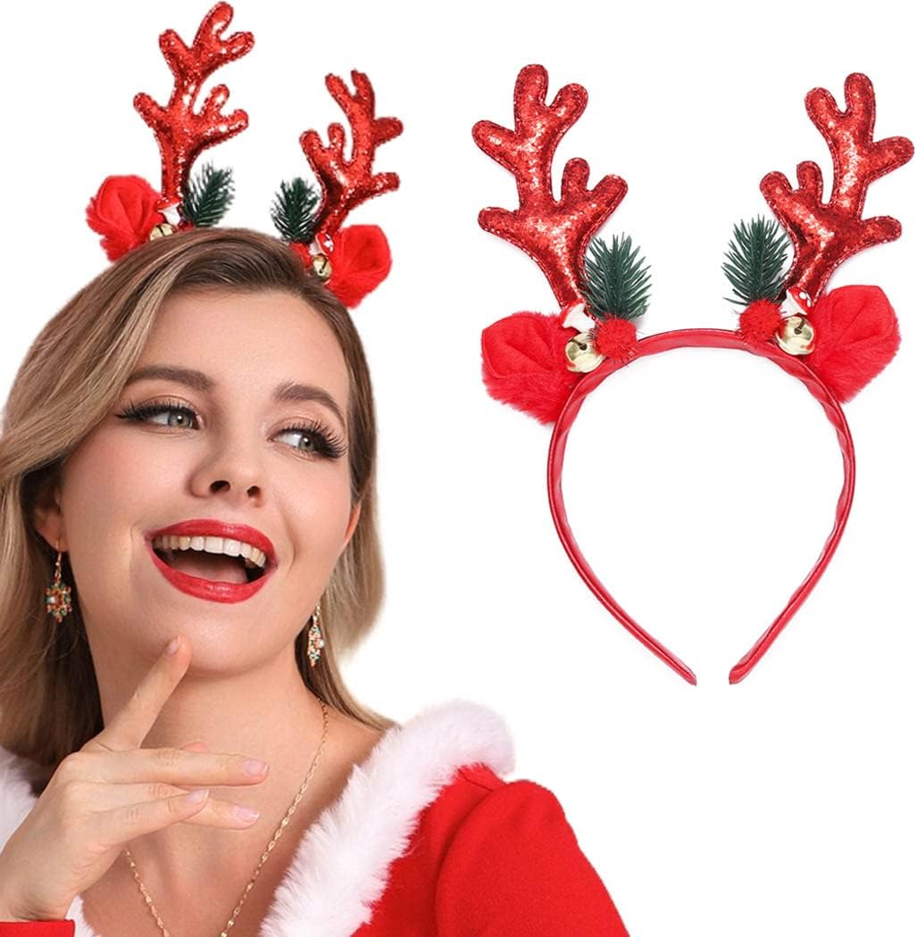 Runmi Christmas Headband Reindeer Antlers Hair Band Red Sequins Headbands Christmas Hair