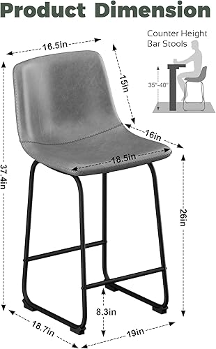 Miniatura 2 de Juego de 4 taburetes de bar de piel sintética, taburetes de bar de altura de mostrador, taburetes de mostrador de 26 pulgadas con respaldo,