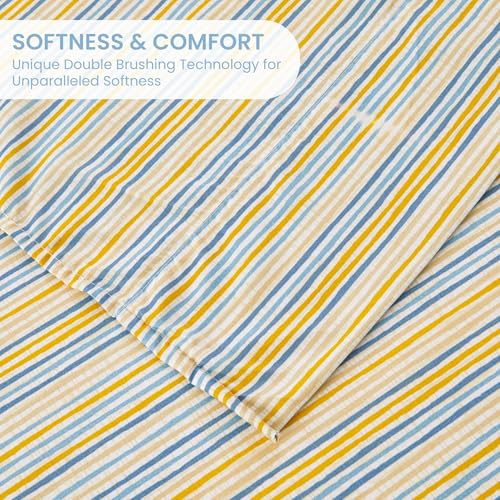 Image of Mooreeke Striped Full Bed Sheets, Deep Pocket 4 Piece Full Sheet Set, Soft Microfiber Blue Yellow Pinstripe Bedding Sheets & Pillowcases