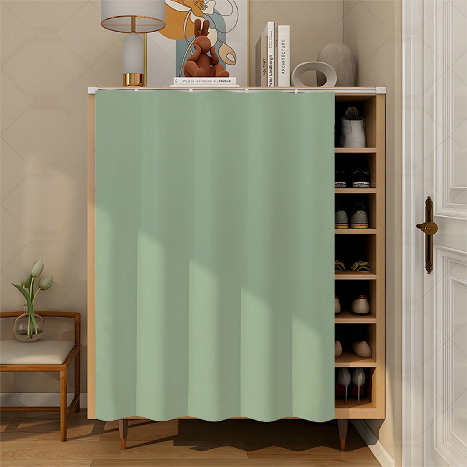 Fasbuy Cupboard Short Curtains Kitchen with Hook and Loop, Hide Away Small Curtains for Kitchen Cupboard Door - No Drilling Is Required for Under Sink, Bookcase, Bathroom (Light green,H80x60cm)
