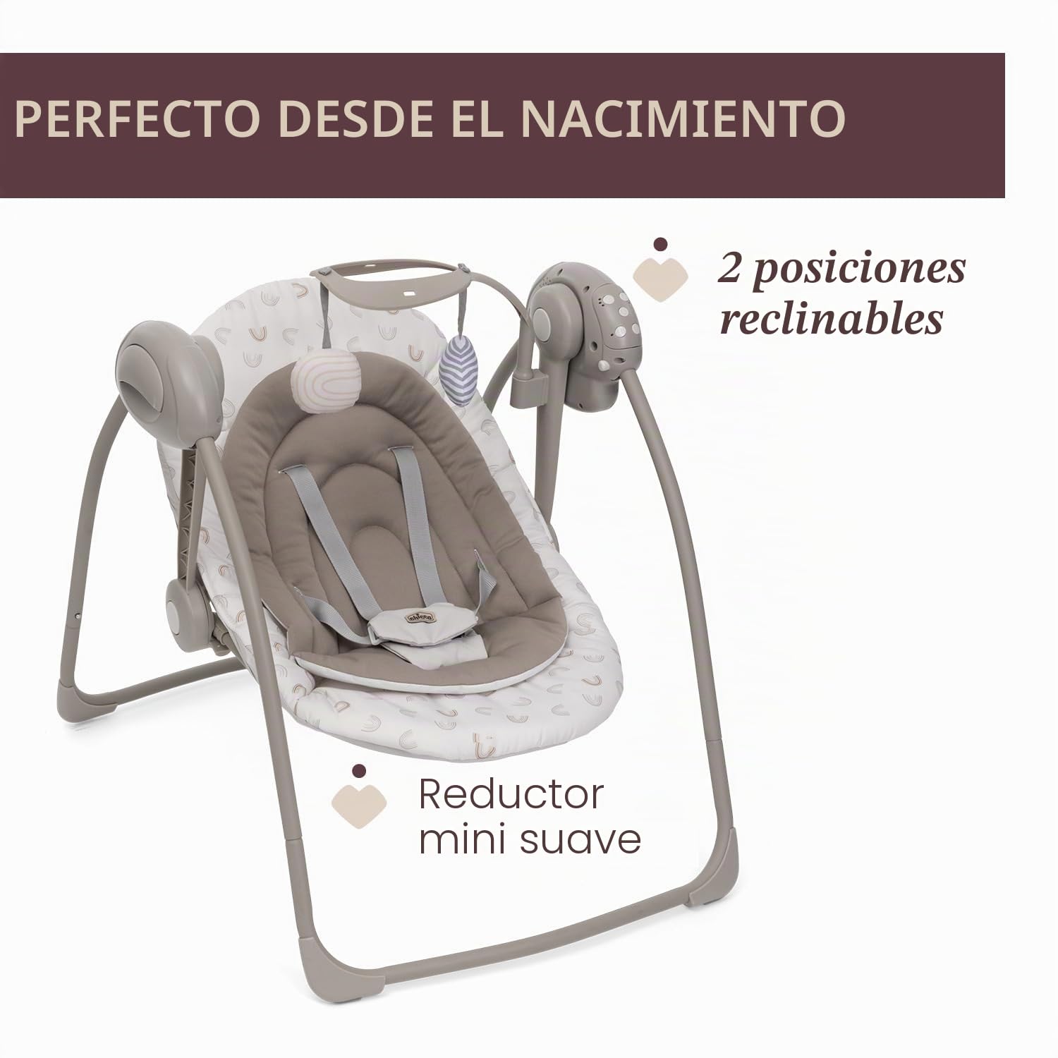 Chicco Swing&Play Columpio Eléctrico para Recién Nacidos 0 Meses+, 5 Velocidades de Balanceo, Melodías Relajantes, Plegable, Compacto y Ahorra Espacio, Respaldo con 2 Posiciones, 0 Meses