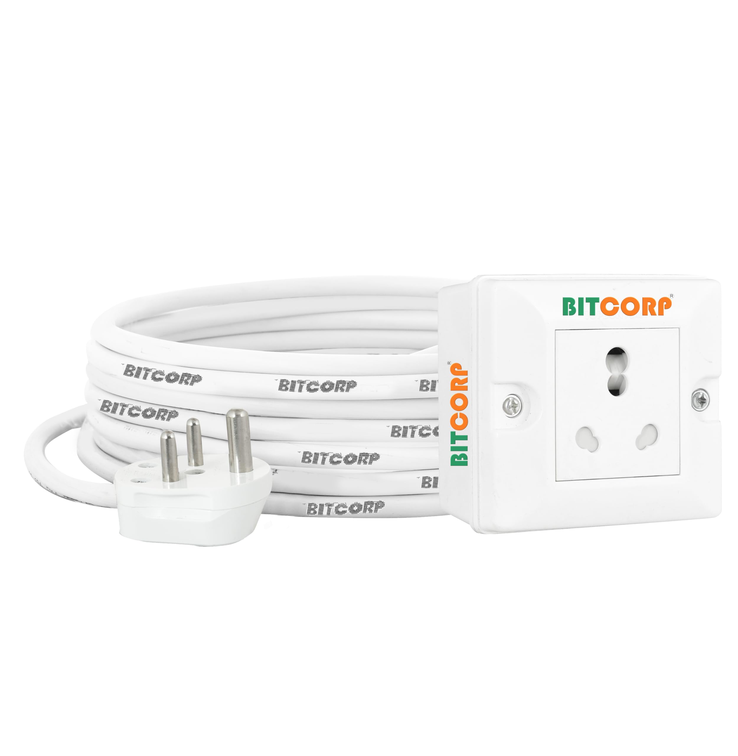 Bitcorp Electric Power Strip, 16A 2500W, 1 Socket Extension Board, Surge Protected, 10M Cord for Home, Office Appliances, Cooler, Fridge, Air Conditioner, PC (White) 220 Volts