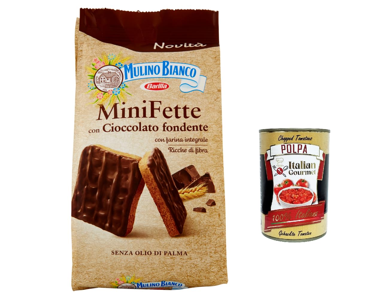 Mulino Bianco Lot de 12 mini graisses integrali au chocolat noir, riches en fibres, biscottes complètes sans huile de palme 110 g + polpa gourmet italien 400 g