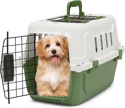 MoNiBloom 18-Inch 2-Door Top Loading Cat Carrier, Plastic Dog Crate Hard-Sided Dog Travel Carrier for Small Dogs and Cats, Ventilation and Security Lock Design for Pets up to 10 lbs Green
