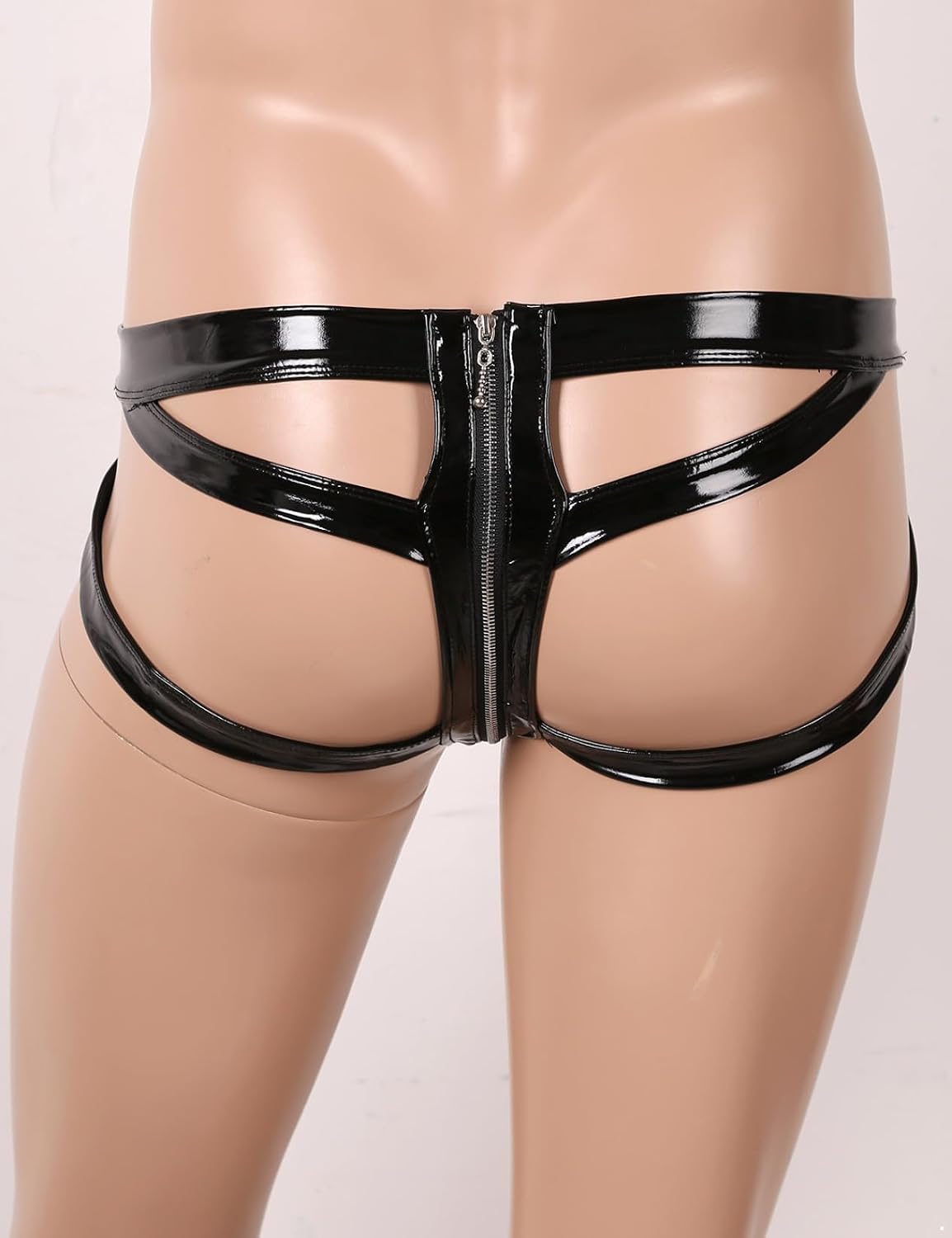 Men's Wet Look Open Bustier Slip Set High Cut Thong Bikini Panties Bikini with Zipper