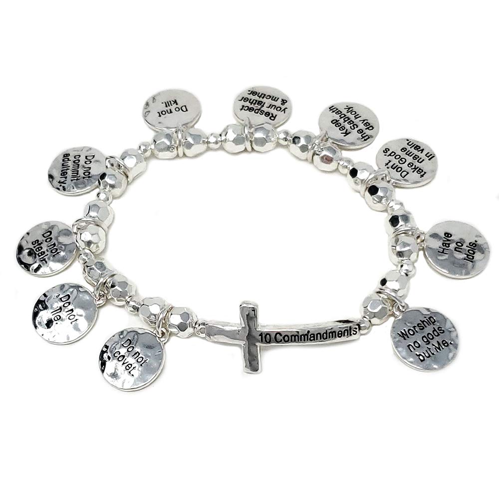 Emulily10 Commandments Charms with Cross pendant Stretch Bracelet Inspirational