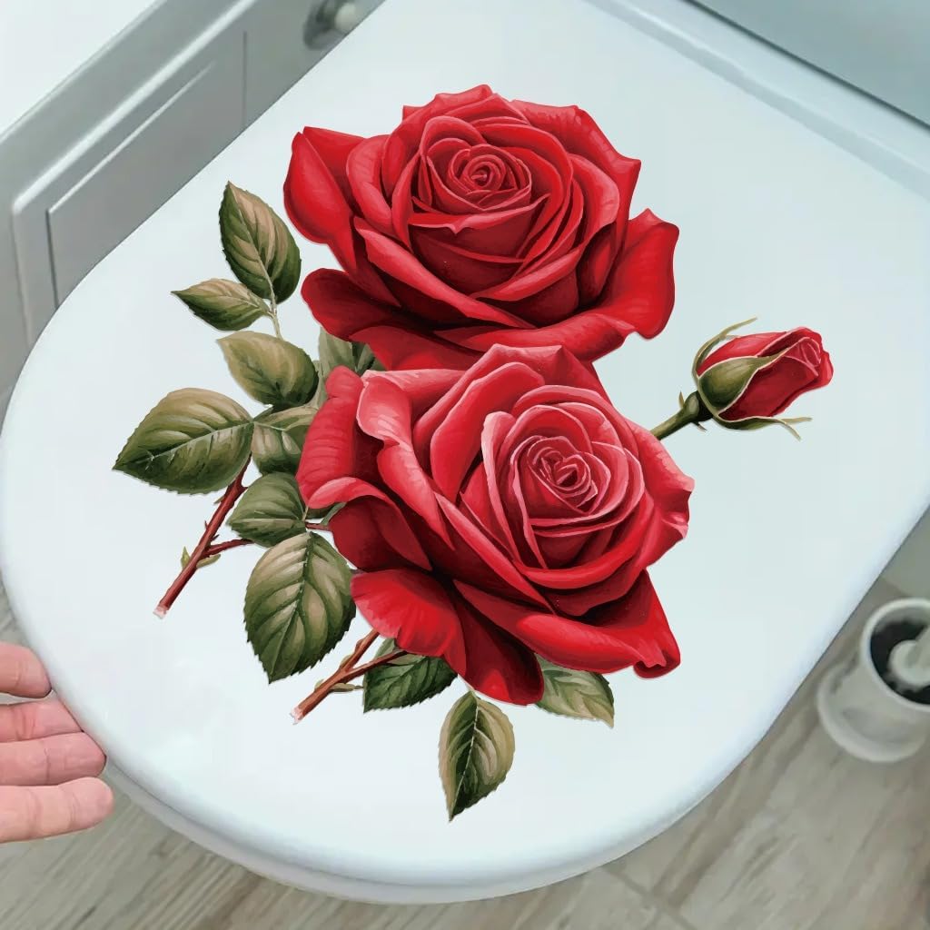 2pcs Vibrant Red Rose Toilet Stickers - Removable, Waterproof Wall Decals for Bathroom Decor Gift for New Home Sister's mom Teacher Decals for Bathroom Decor