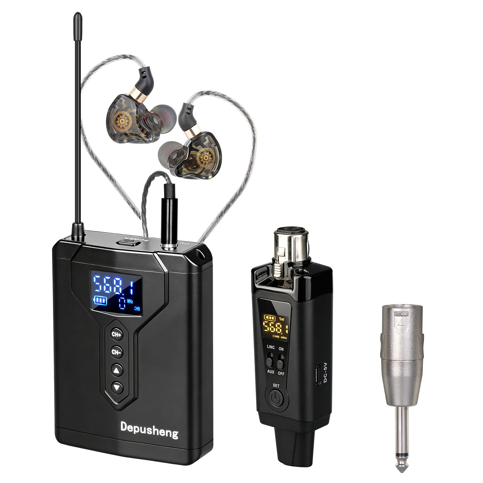 Depusheng MA5 Drahtloses In-Ear-Monitorsystem mit Sender und Empfängerclip, automatischer Kopplung, In-Ear-Monitoring für Studio, Gitarre, DJ und Live-Auftritte (1 Receiver + 1 Transmitter)