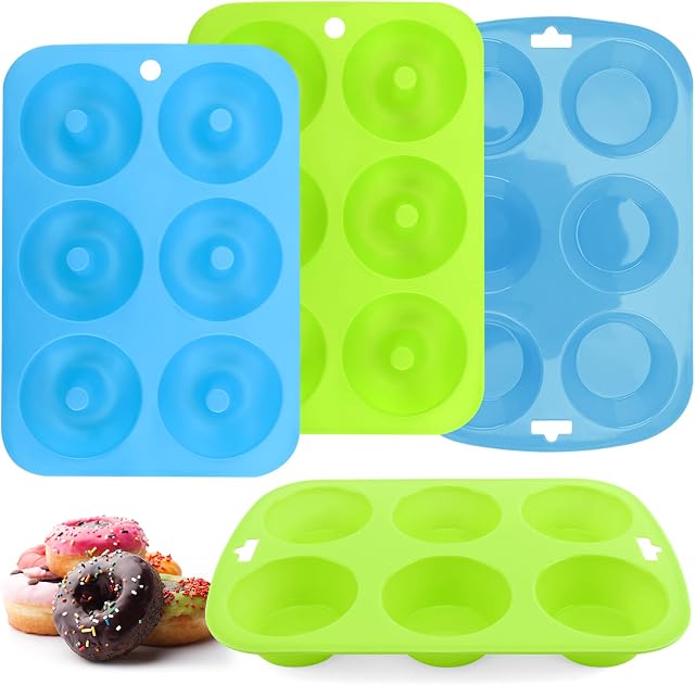 4-Pack 6 Cavity Silicone Doughnut Mould & 6 Cup Silicone Muffin Tray Baking Mould, Non-Stick Baking Tray Donut Moulds for Baking Donuts Cookies Cakes Cupcakes Candy Biscuit Bagels (Green&Blue)