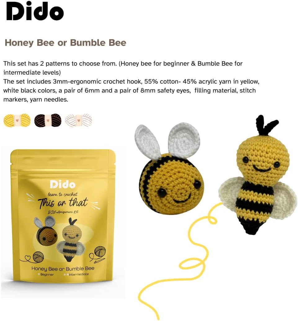 Dido CraftWorks Crochet Kit for Beginners – DIY Amigurumi Kits (Bees, Yellow and Black)
