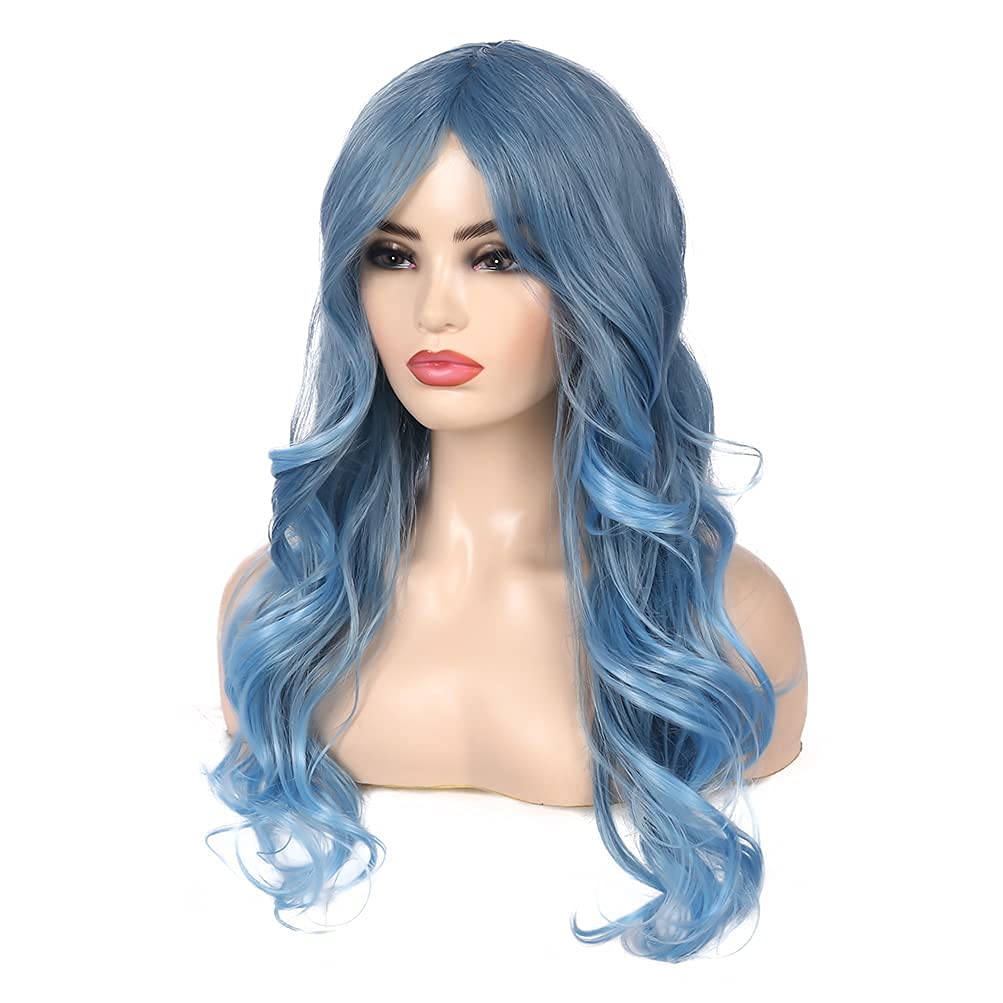Blue Wig for Women Long Curly Wavy Pastel Blue Wig Side Part Synthetic Halloween Cosplay Wig with Wig Cap