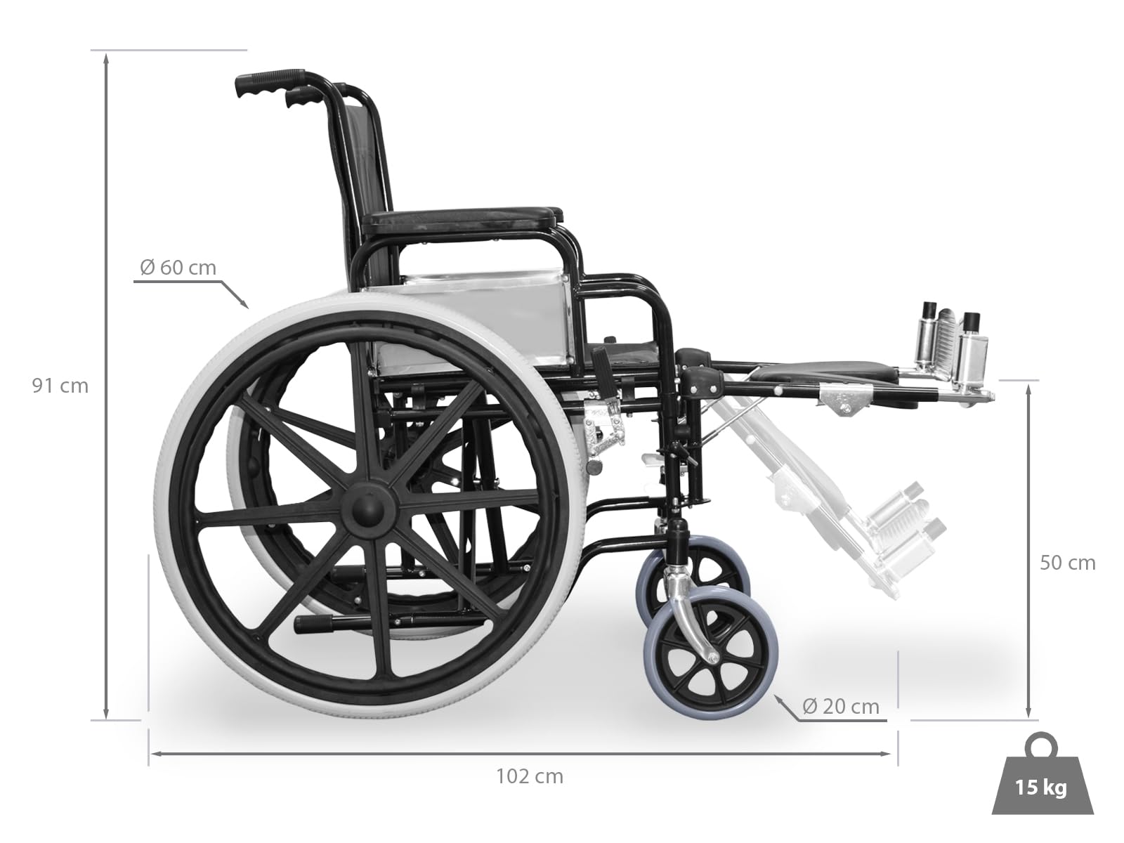 WELLCORE Silla de ruedas con reposapiés elevables y abatibles hasta 90º, Plegable, Acero, Ligera, Autopropulsable, Respaldo y Asiento de Polipiel, Ruedas macizas, Frenos de mano