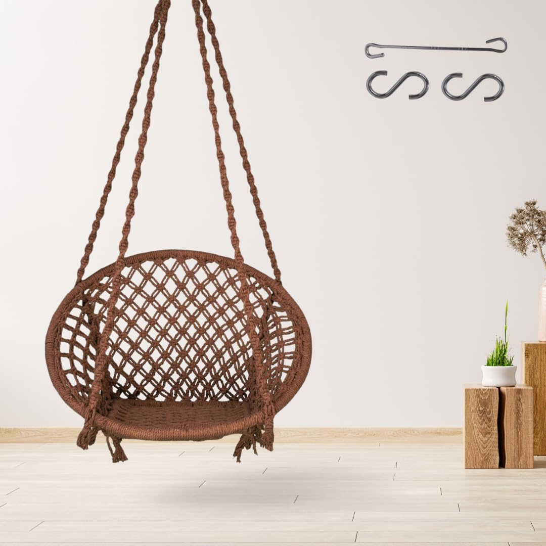 Curio Centre Make in India Round Cotton Rope Hanging Swing for Adults & Kids with Accessories/Swing Chair for Indoor,Outdoor,Home,Patio,Yard, Balcony,Garden (145 x 57 x 43 cm,100 kgs Capacity, Brown)