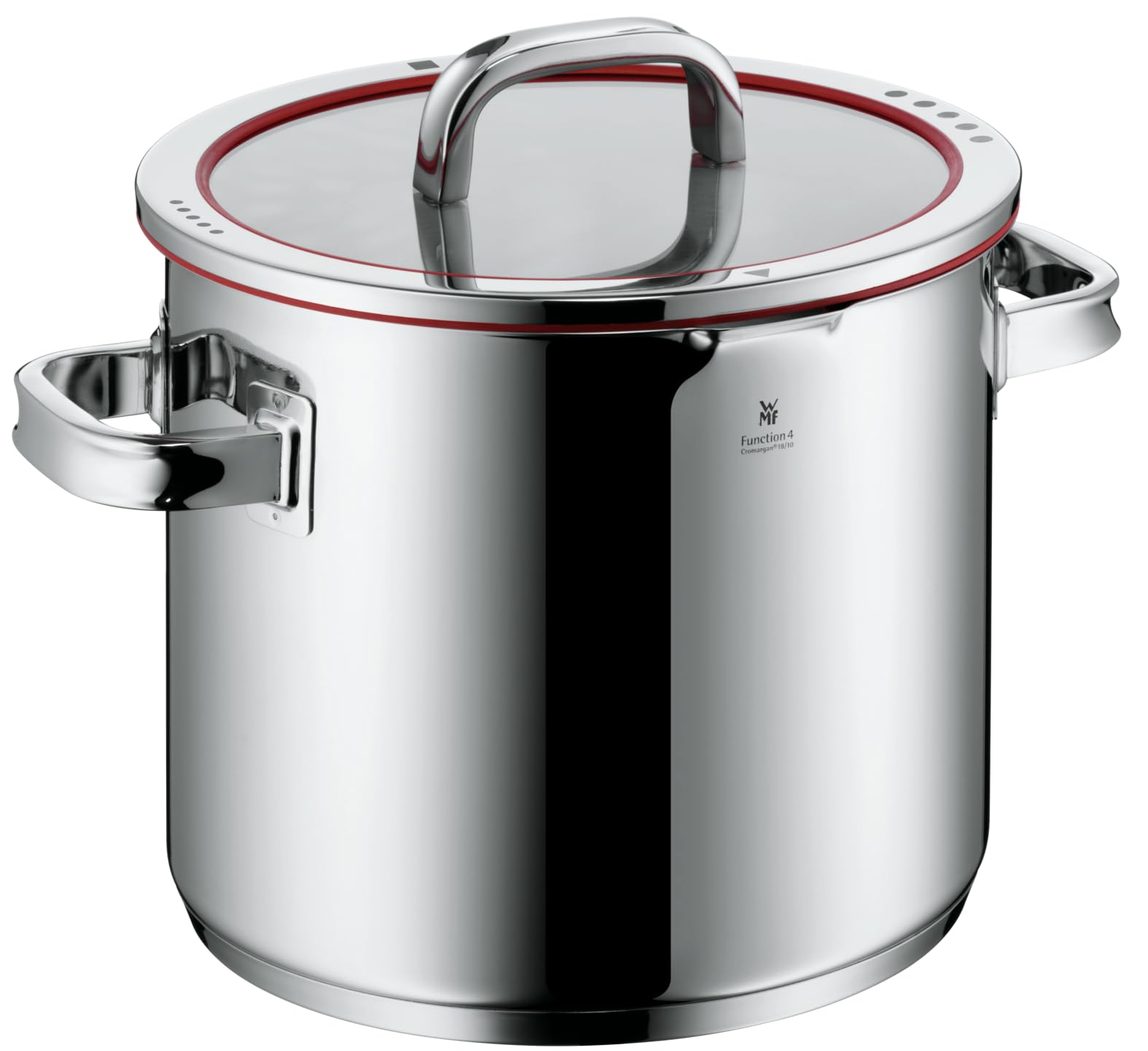 WMF Function 4 Gemüse- Suppentopf Induktion 24cm, Glasdeckel, Kochtopf groß 8,8l, Cromargan Edelstahl poliert, 4 Abgießfunktionen, Innenskalierung, Nudeltopf rot