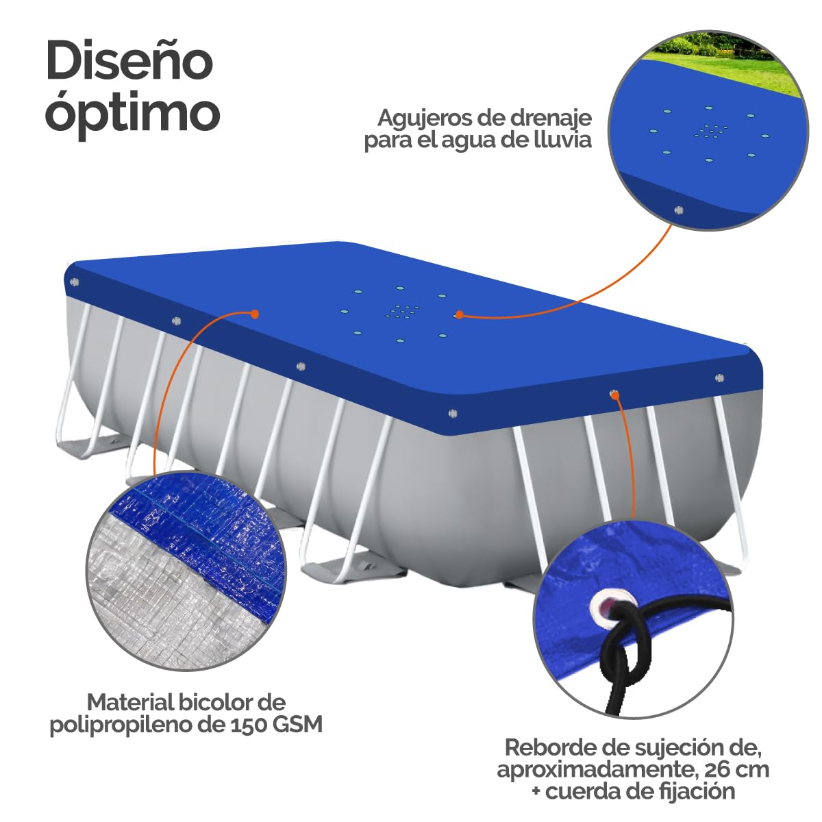 Linxor - Lona Protectora Reversible para Piscina elevada, 4 Estaciones, 150 g/m² - Azul y Gris